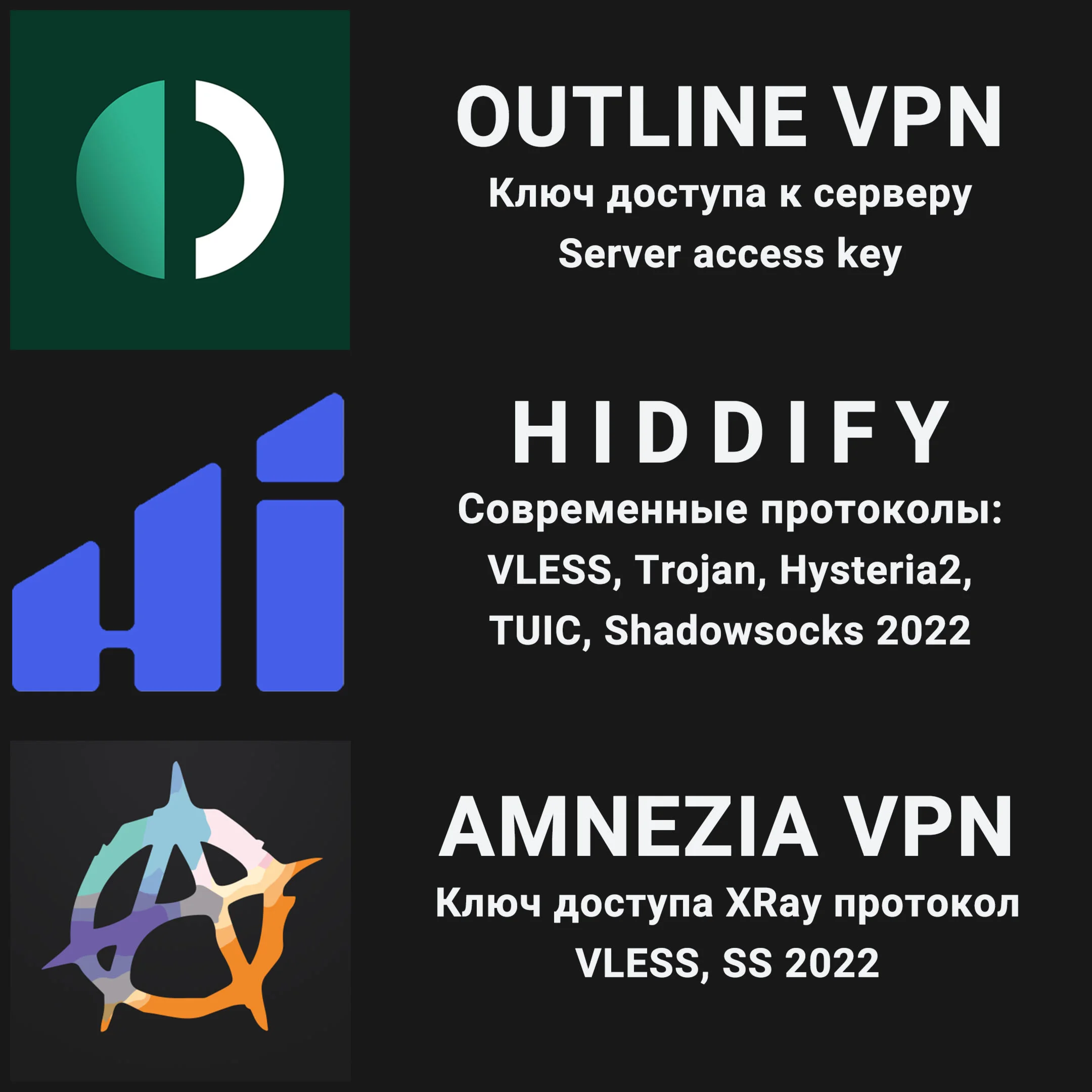 2 и 6 месяцевOutlineAmnezia VPNSS и VLESS