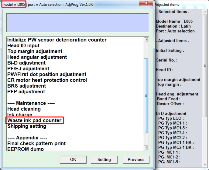Adjustment program Epson L805