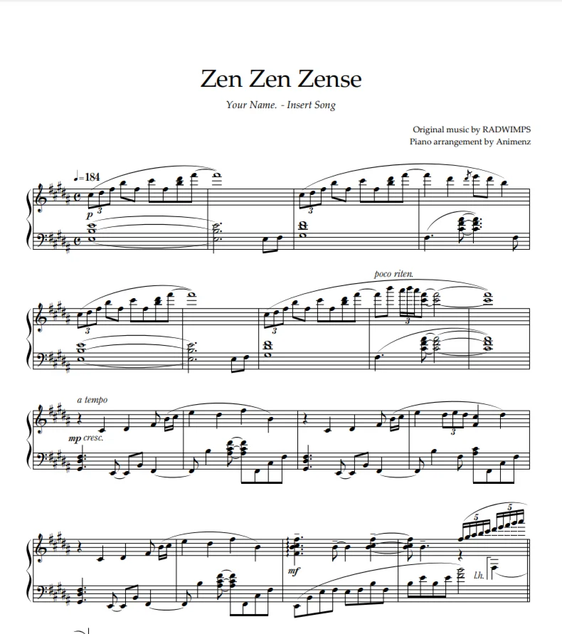 Ноты Animenz - Zen Zen Zense Your NameKimi no Na wa