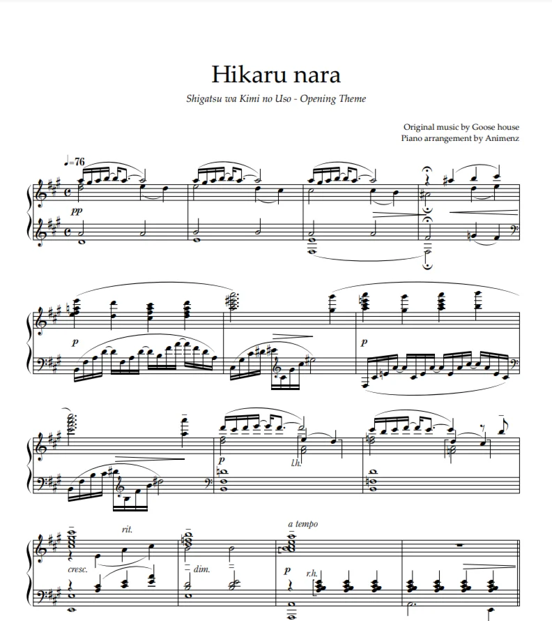 Ноты Animenz - Hikaru Nara Your Lie in April OP1