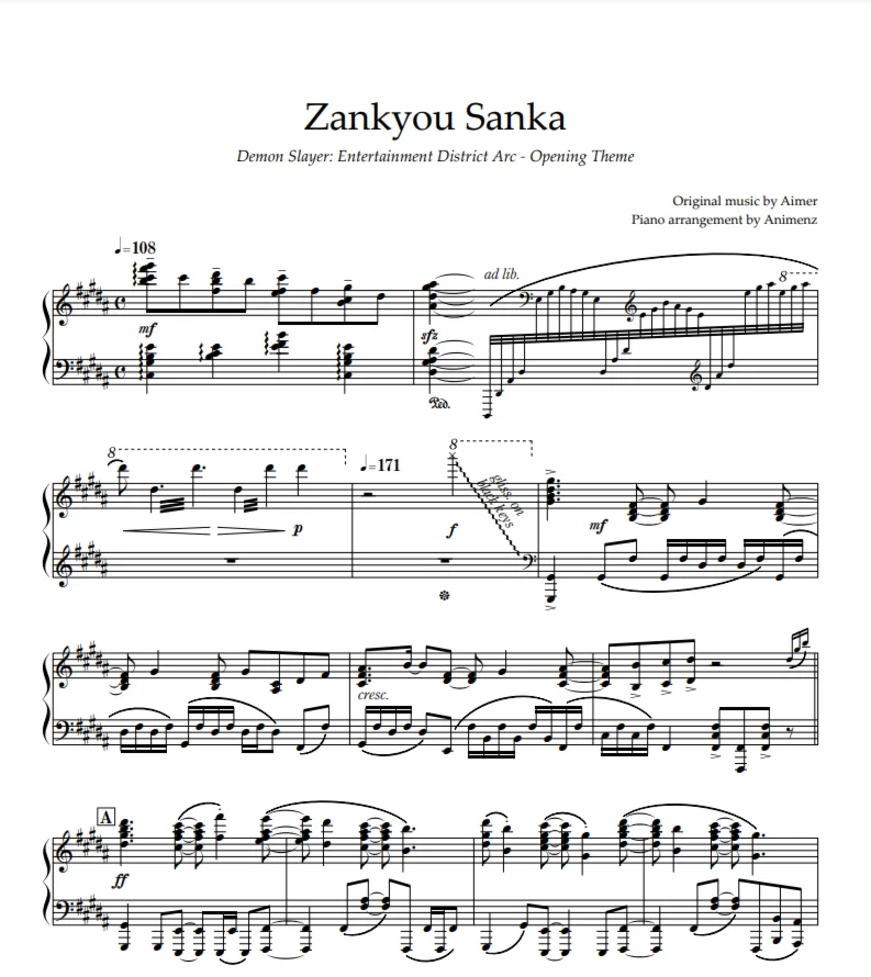 Ноты Animenz - Zankyou Sanka Demon Slayer Season 2 OP