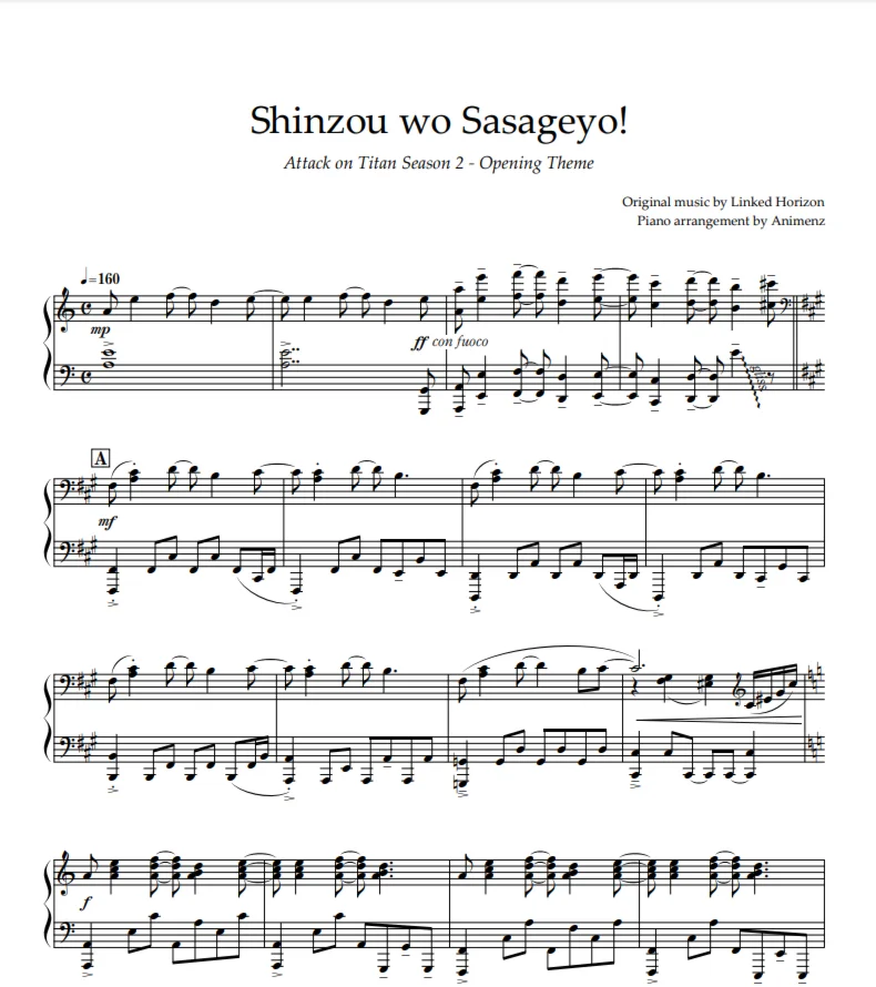 Ноты Animenz - Shinzou wo Sasageyo Attack on Titan S2