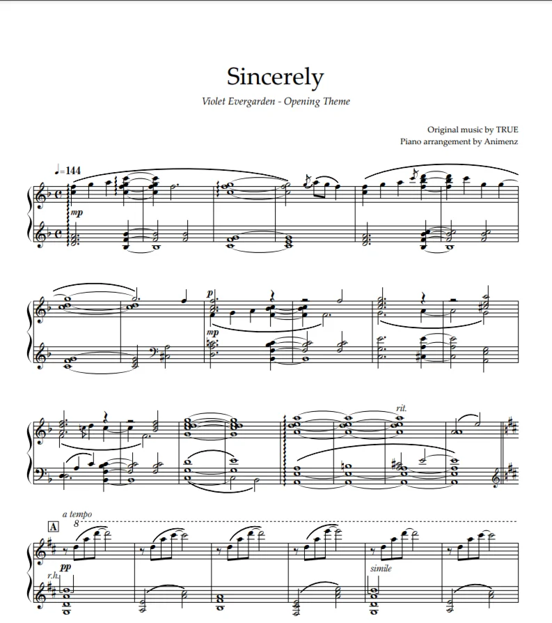 Ноты Animenz - Sincerely Violet Evergarden OP