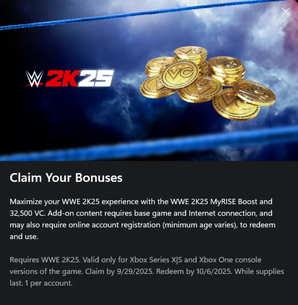 WWE 2K25 MyRISE Boost &amp VC Bundle XBOX
