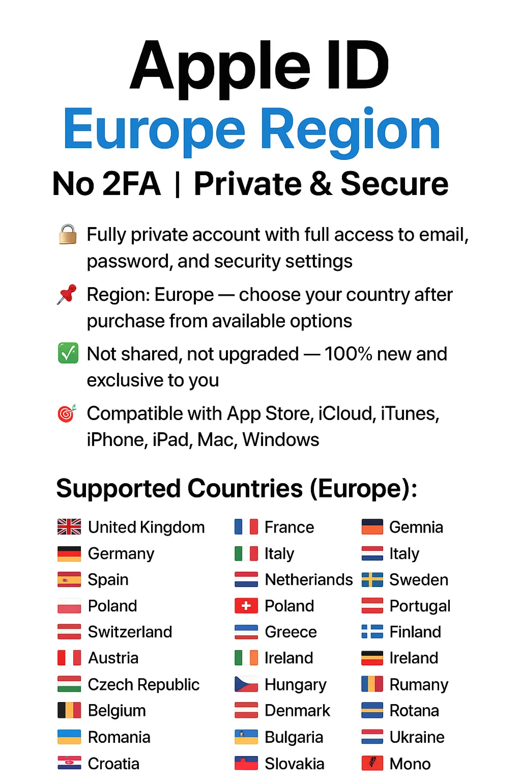 Apple ID Европа UK FR DE Без 2FA